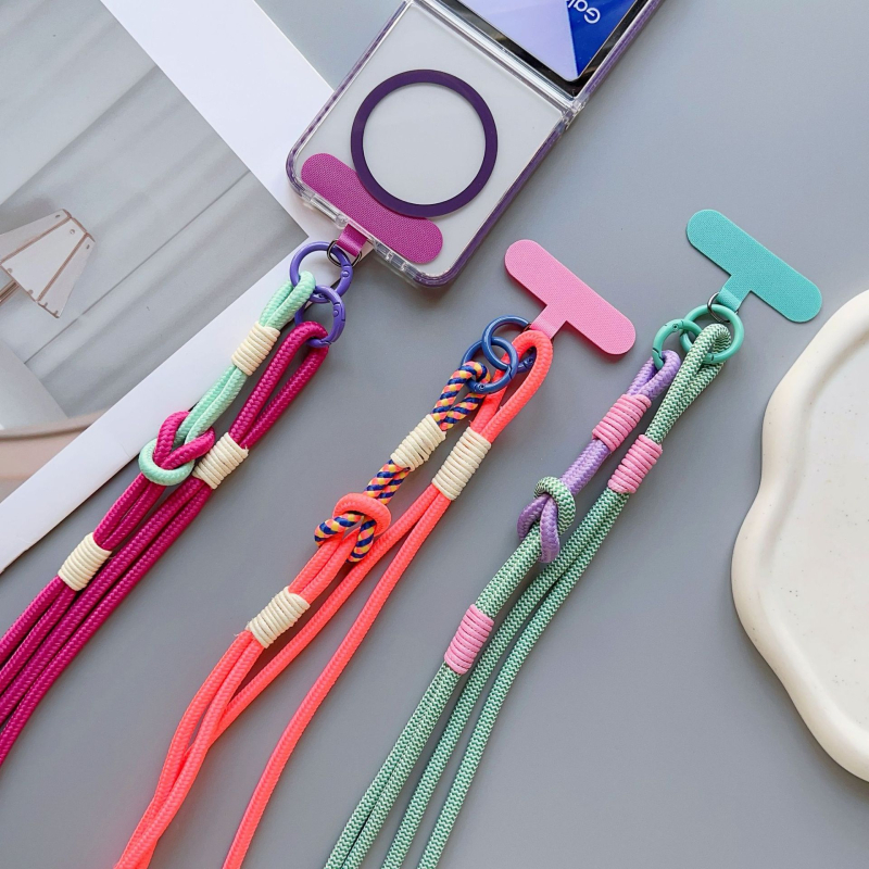 Mobiltelefon nyakpánt kézzel készített csomó mintával, nejlon szövése, poliészter zsinór, fém csat, uniszex