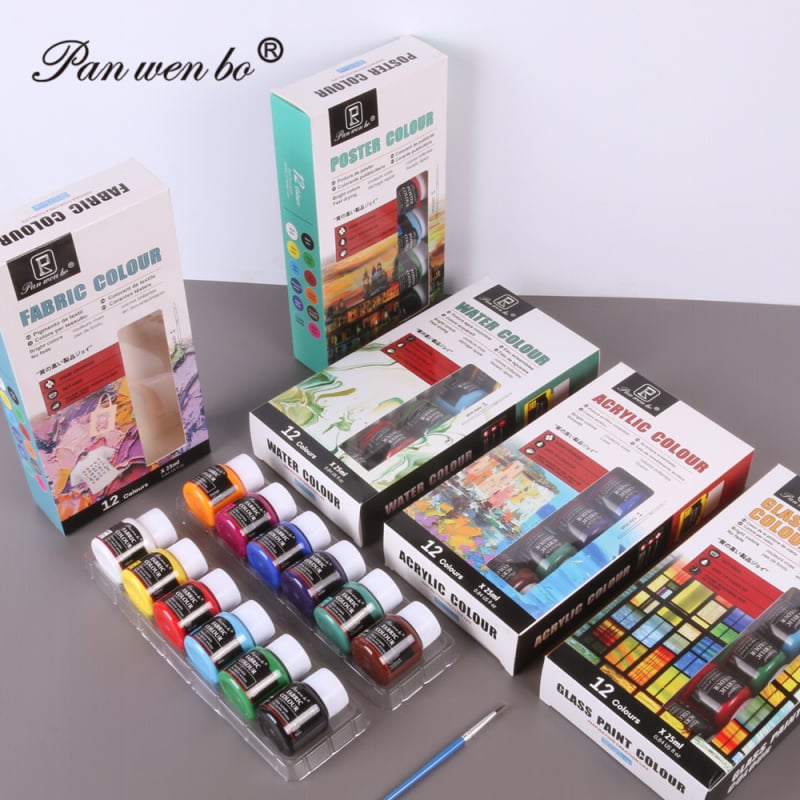 Комплект акварелни бои Pan Wenbo, течен пигмент, 12 цвята в кутия, по 25 ml, за акварелно рисуване