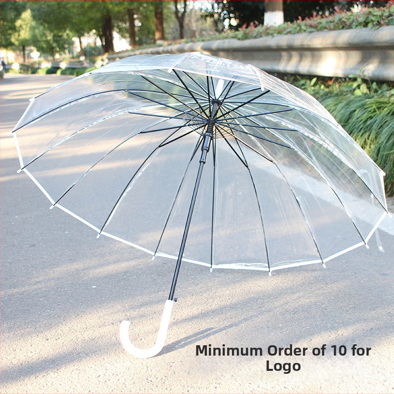 Чадър с дълга дръжка, 16 ребра, автоматично отваряне, прозрачен PVC купол, прав прът, печат на лого и персонализация