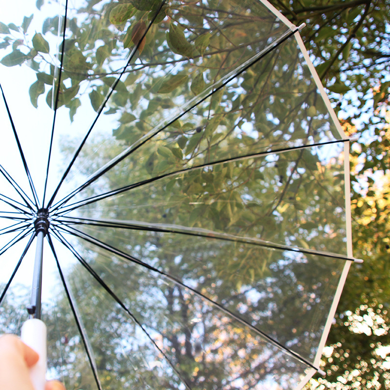 Dlhý dážnik s držadlom a 16 výstuhami, automatické otváranie, priehľadný PVC poťah, rovná tyč, tlač loga a prispôsobenie