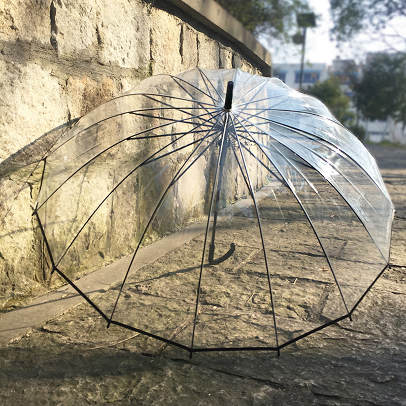 Dlhý dážnik s držadlom a 16 výstuhami, automatické otváranie, priehľadný PVC poťah, rovná tyč, tlač loga a prispôsobenie