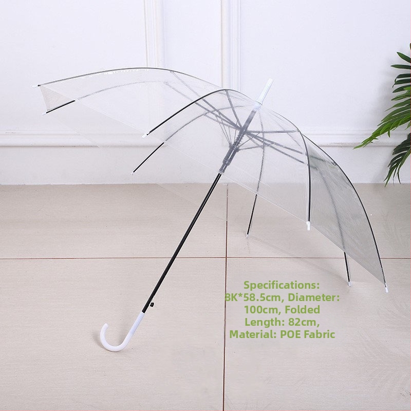 Dlhý dážnik s držadlom a 16 výstuhami, automatické otváranie, priehľadný PVC poťah, rovná tyč, tlač loga a prispôsobenie