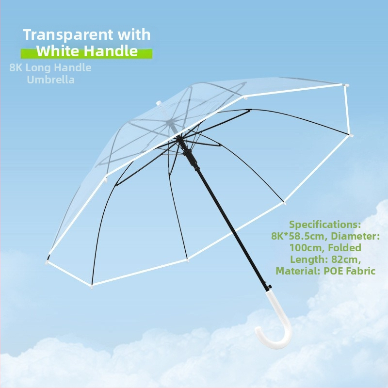 Dlhý dážnik s držadlom a 16 výstuhami, automatické otváranie, priehľadný PVC poťah, rovná tyč, tlač loga a prispôsobenie