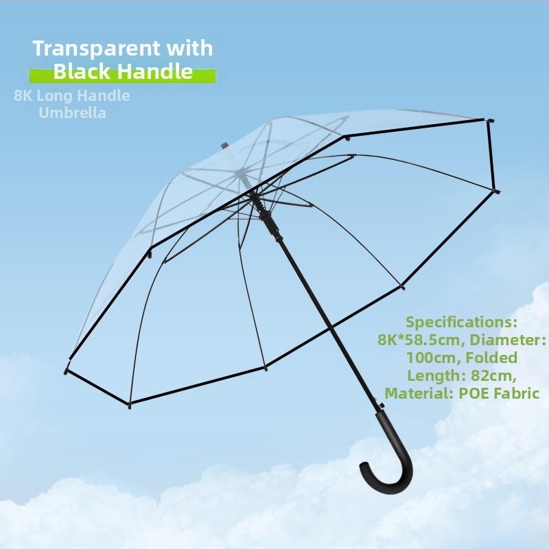 Dlhý dážnik s držadlom a 16 výstuhami, automatické otváranie, priehľadný PVC poťah, rovná tyč, tlač loga a prispôsobenie