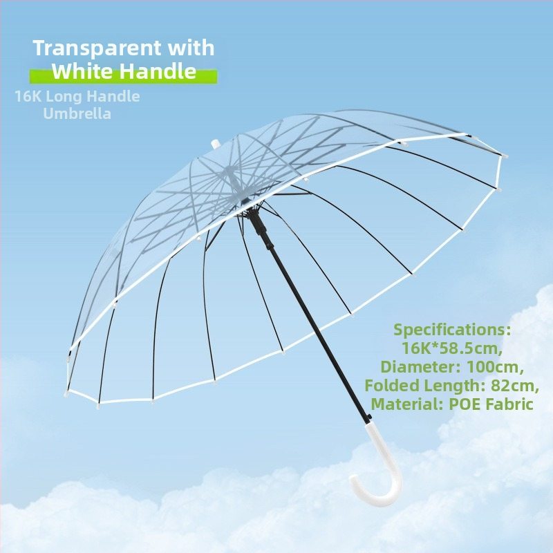 Dlhý dážnik s držadlom a 16 výstuhami, automatické otváranie, priehľadný PVC poťah, rovná tyč, tlač loga a prispôsobenie