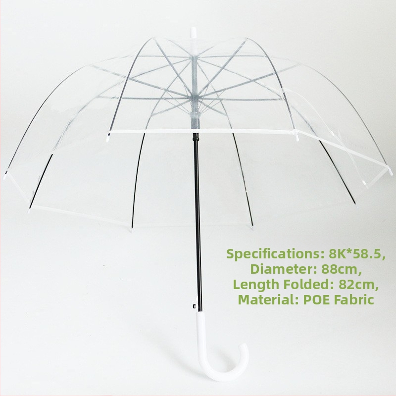 Dlhý dážnik s držadlom a 16 výstuhami, automatické otváranie, priehľadný PVC poťah, rovná tyč, tlač loga a prispôsobenie