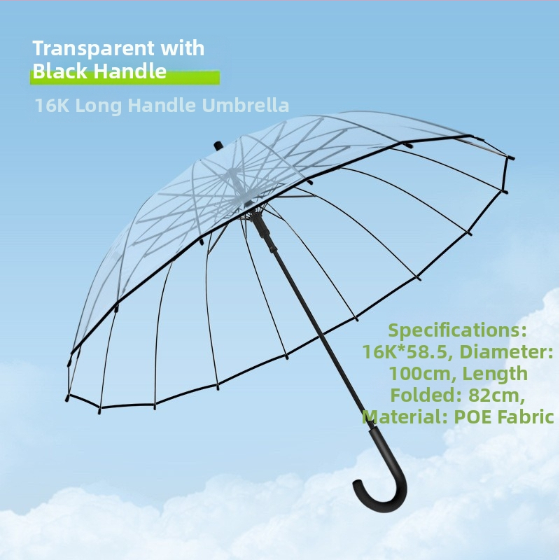 Dlhý dážnik s držadlom a 16 výstuhami, automatické otváranie, priehľadný PVC poťah, rovná tyč, tlač loga a prispôsobenie