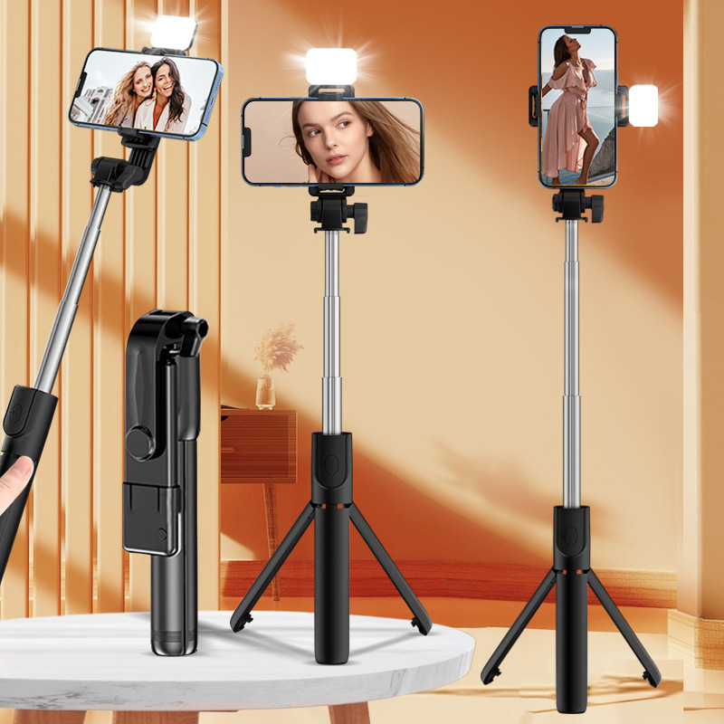 Bluetooth nuotolinio valdymo selfies lazda su įmontuotu apšvietimu, plastikinis korpusas, nešiojamas ištiestamas trikojis laikiklis išmaniesiems telefonams