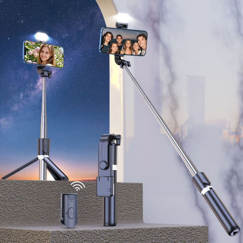 Bluetooth nuotolinio valdymo selfies lazda su įmontuotu apšvietimu, plastikinis korpusas, nešiojamas ištiestamas trikojis laikiklis išmaniesiems telefonams