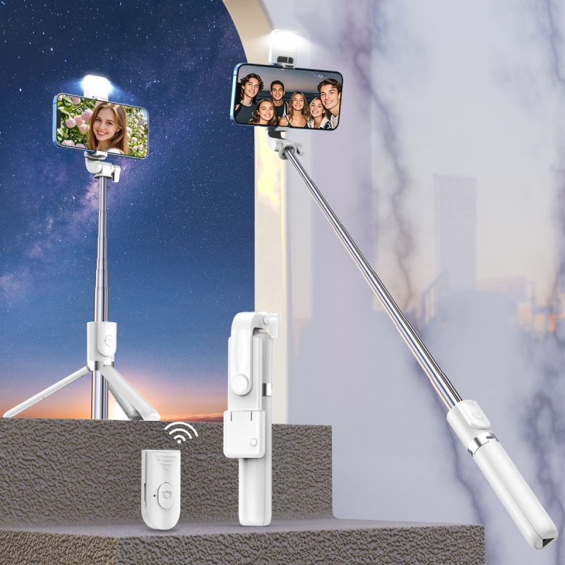 Bluetooth nuotolinio valdymo selfies lazda su įmontuotu apšvietimu, plastikinis korpusas, nešiojamas ištiestamas trikojis laikiklis išmaniesiems telefonams