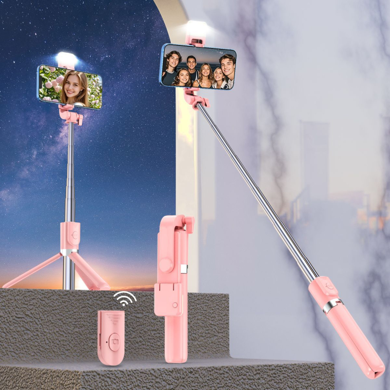 Bluetooth nuotolinio valdymo selfies lazda su įmontuotu apšvietimu, plastikinis korpusas, nešiojamas ištiestamas trikojis laikiklis išmaniesiems telefonams