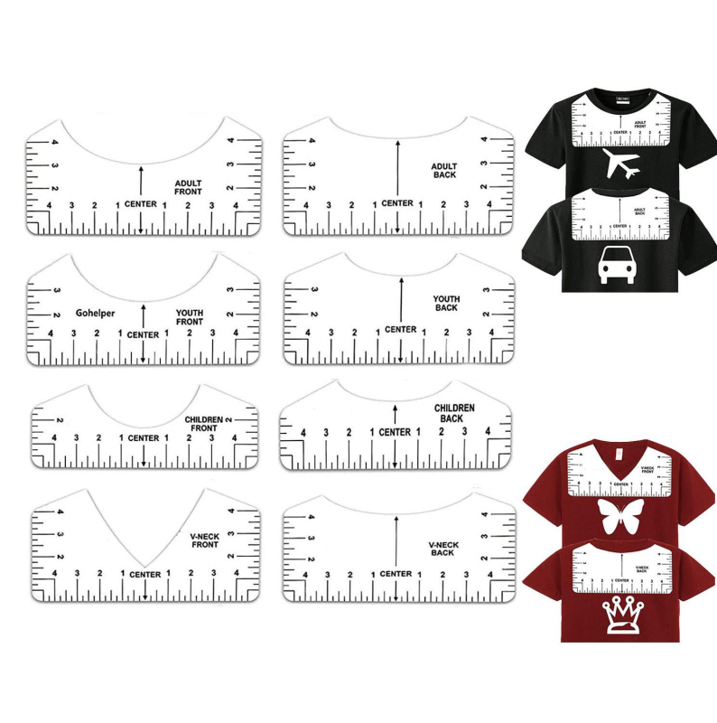 Комплект осем PVC линейки за подравняване на тениски и квилинг, пластмасова конструкция, модел 20230802, спецификация 10×2.5/3.5/4.5/5, нето тегло 130 g