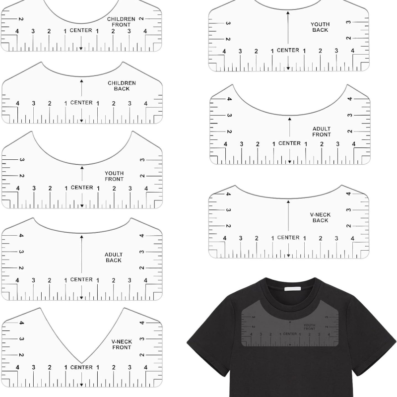 Комплект осем PVC линейки за подравняване на тениски и квилинг, пластмасова конструкция, модел 20230802, спецификация 10×2.5/3.5/4.5/5, нето тегло 130 g