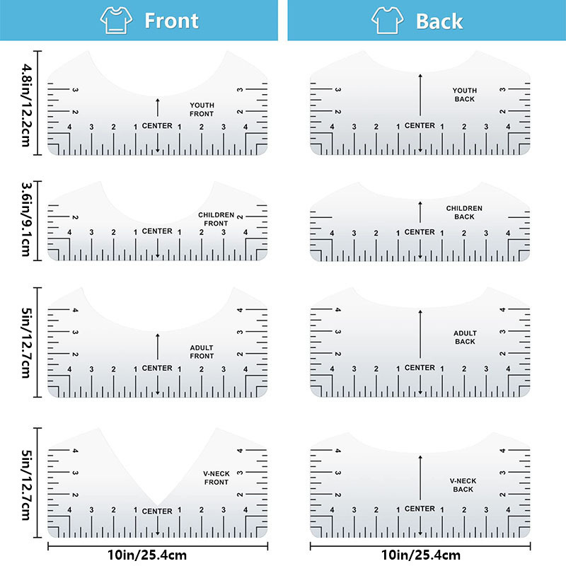 Комплект осем PVC линейки за подравняване на тениски и квилинг, пластмасова конструкция, модел 20230802, спецификация 10×2.5/3.5/4.5/5, нето тегло 130 g