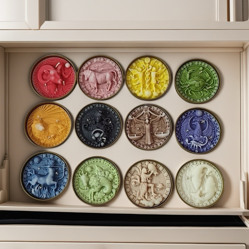 Dvylika zodiako ženklų gimtadienio žvakių, cilindrinės formos, parafinas, rankų darbo