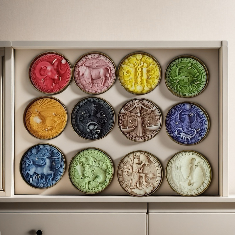 Dvylika zodiako ženklų gimtadienio žvakių, cilindrinės formos, parafinas, rankų darbo