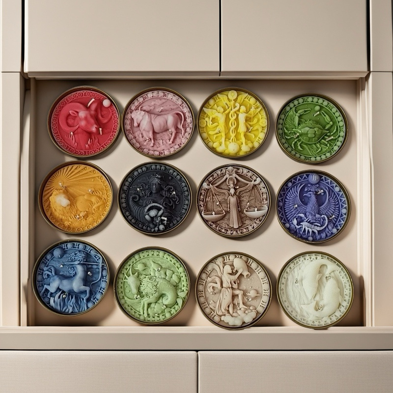 Dvylika zodiako ženklų gimtadienio žvakių, cilindrinės formos, parafinas, rankų darbo