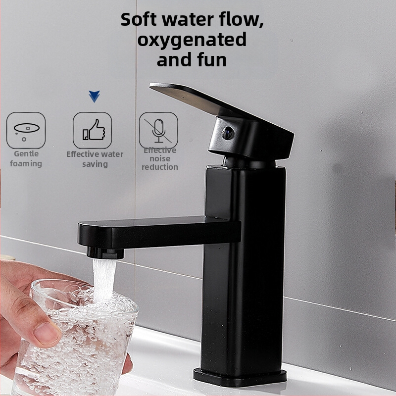 Štvorecový umývadlový kohútik, jednoprsový miešací, SF-02, nerezová oceľ, keramická kartaša, 0–99°C