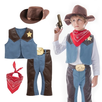 Laste Western cowboy mängukostüüm – 4-osaline komplekt, 95% puuvill, eemaldatav kapuuts, bez varrukate, sobib 3–8-aastastele (100–140 cm)