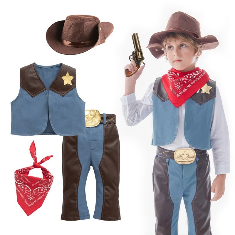 Laste Western cowboy mängukostüüm – 4-osaline komplekt, 95% puuvill, eemaldatav kapuuts, bez varrukate, sobib 3–8-aastastele (100–140 cm)