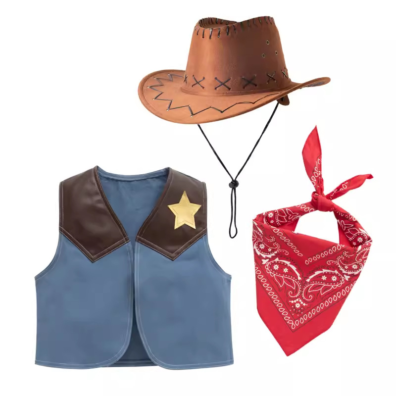 Laste Western cowboy mängukostüüm – 4-osaline komplekt, 95% puuvill, eemaldatav kapuuts, bez varrukate, sobib 3–8-aastastele (100–140 cm)