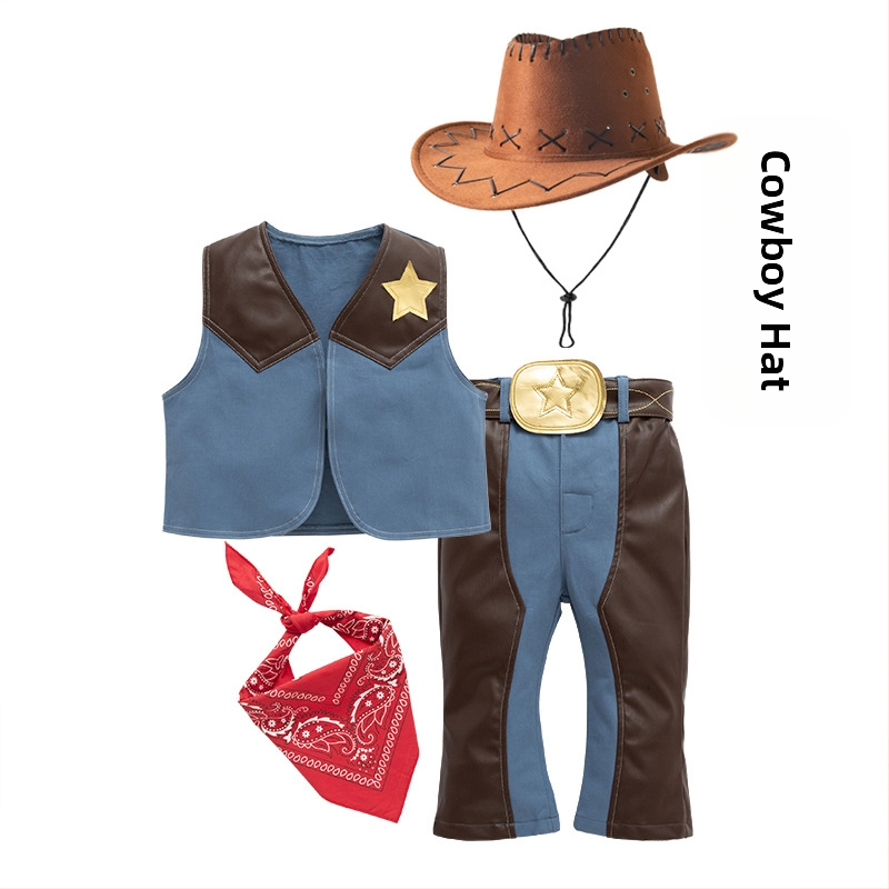 Laste Western cowboy mängukostüüm – 4-osaline komplekt, 95% puuvill, eemaldatav kapuuts, bez varrukate, sobib 3–8-aastastele (100–140 cm)