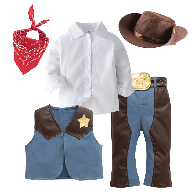 Laste Western cowboy mängukostüüm – 4-osaline komplekt, 95% puuvill, eemaldatav kapuuts, bez varrukate, sobib 3–8-aastastele (100–140 cm)