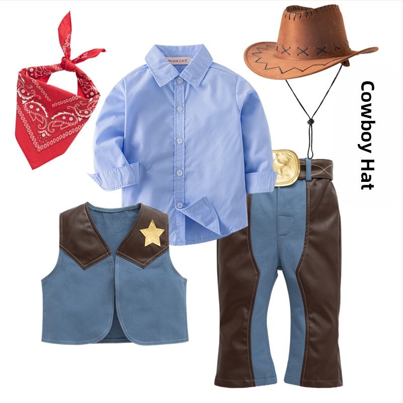 Laste Western cowboy mängukostüüm – 4-osaline komplekt, 95% puuvill, eemaldatav kapuuts, bez varrukate, sobib 3–8-aastastele (100–140 cm)