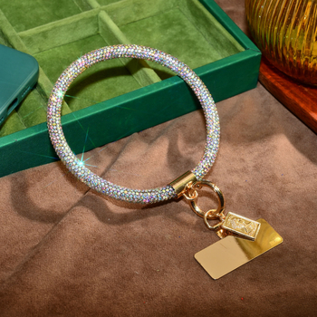 Ланярд за телефон с кристални камъни – ръчна изработка, метална висулка с форма човек, каишка от кристални нишки и метална катарама