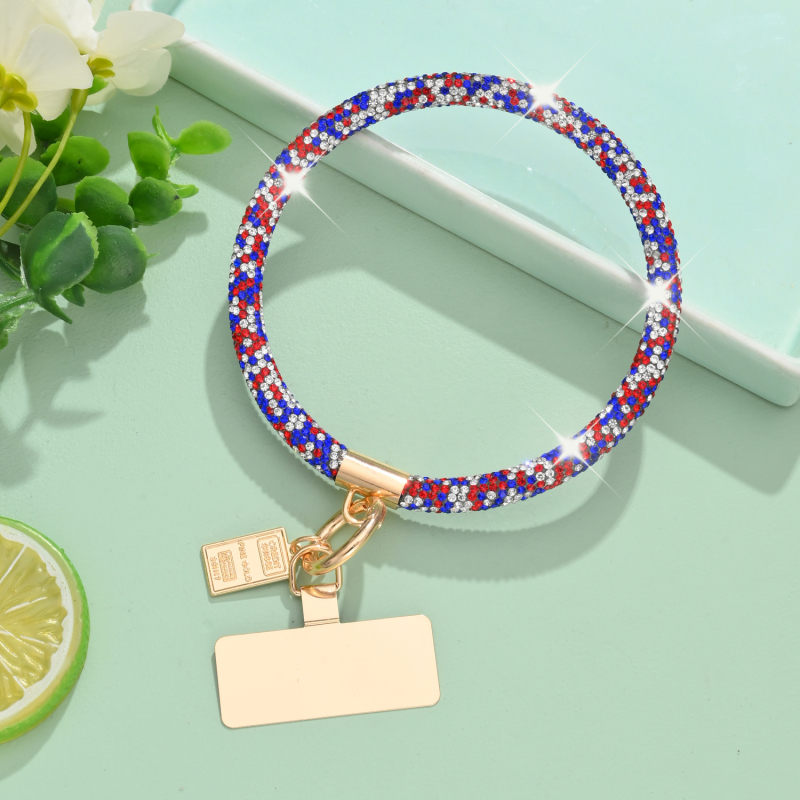 Ланярд за телефон с кристални камъни – ръчна изработка, метална висулка с форма човек, каишка от кристални нишки и метална катарама