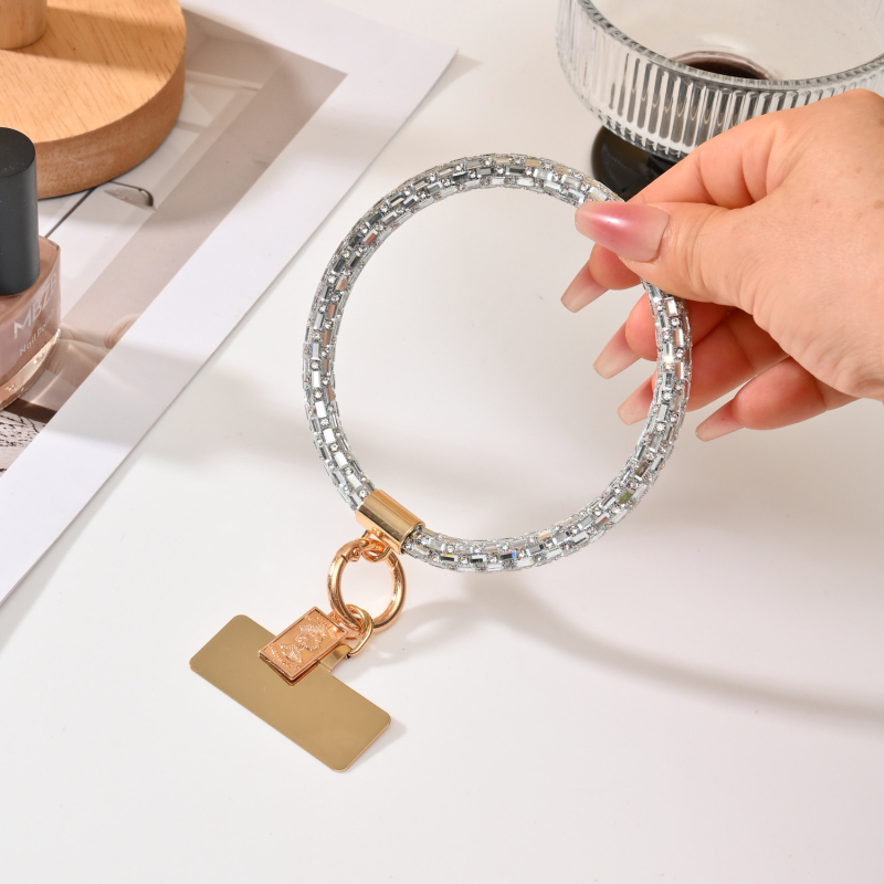 Ланярд за телефон с кристални камъни – ръчна изработка, метална висулка с форма човек, каишка от кристални нишки и метална катарама