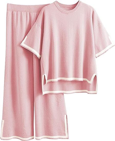 Color-block pletený kostýmový set s 3/4 rukávom a širokými nohavicami, tkanina polyester, 90–95% polyester, leto 2023