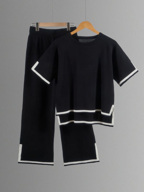 Color-block pletený kostýmový set s 3/4 rukávom a širokými nohavicami, tkanina polyester, 90–95% polyester, leto 2023