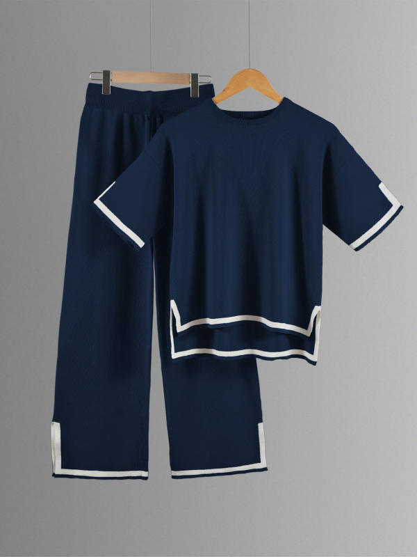 Color-block pletený kostýmový set s 3/4 rukávom a širokými nohavicami, tkanina polyester, 90–95% polyester, leto 2023