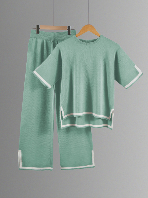 Color-block pletený kostýmový set s 3/4 rukávom a širokými nohavicami, tkanina polyester, 90–95% polyester, leto 2023