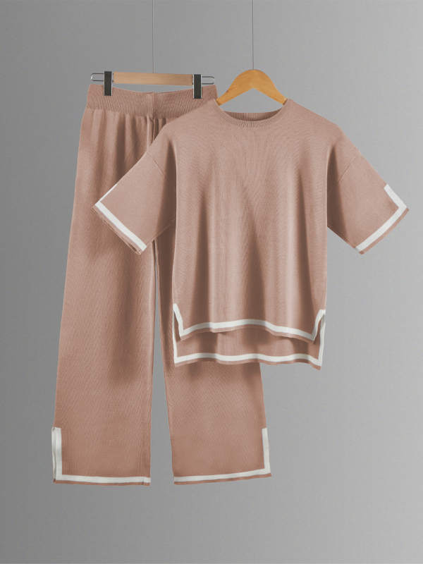 Color-block pletený kostýmový set s 3/4 rukávom a širokými nohavicami, tkanina polyester, 90–95% polyester, leto 2023