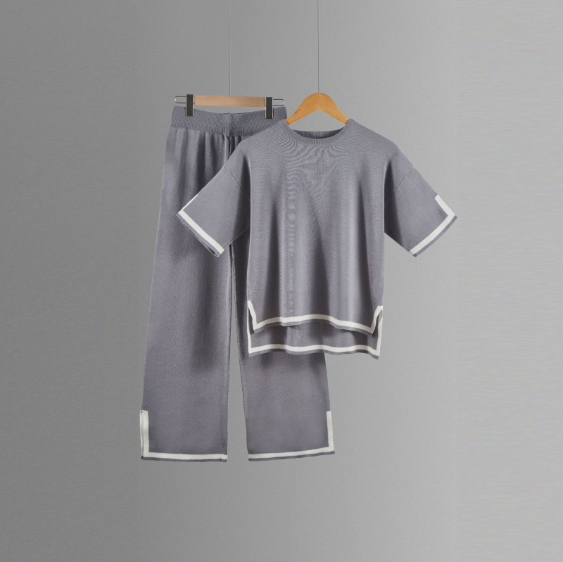 Color-block pletený kostýmový set s 3/4 rukávom a širokými nohavicami, tkanina polyester, 90–95% polyester, leto 2023