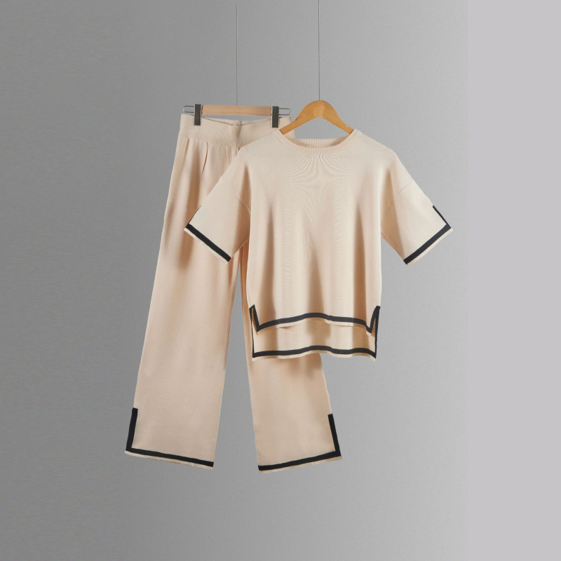 Color-block pletený kostýmový set s 3/4 rukávom a širokými nohavicami, tkanina polyester, 90–95% polyester, leto 2023