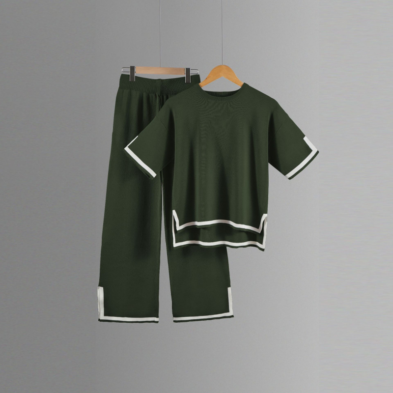 Color-block pletený kostýmový set s 3/4 rukávom a širokými nohavicami, tkanina polyester, 90–95% polyester, leto 2023