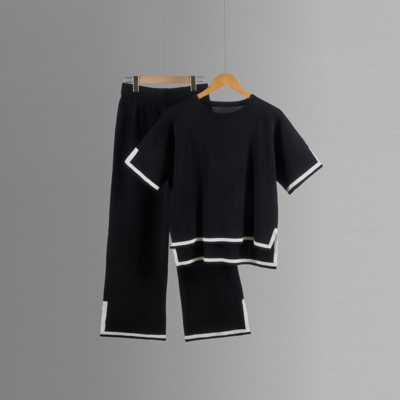 Color-block pletený kostýmový set s 3/4 rukávom a širokými nohavicami, tkanina polyester, 90–95% polyester, leto 2023