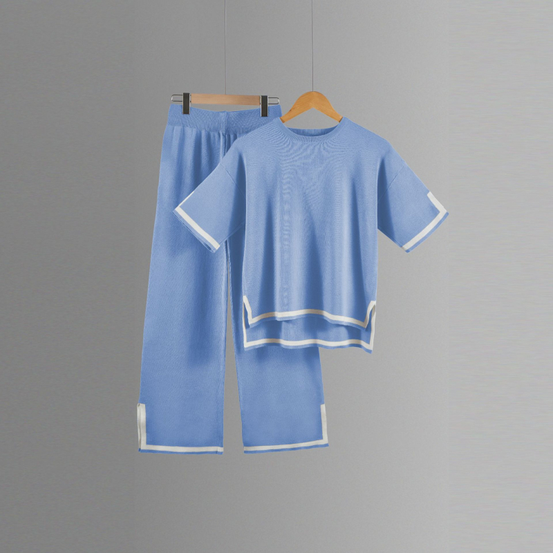 Color-block pletený kostýmový set s 3/4 rukávom a širokými nohavicami, tkanina polyester, 90–95% polyester, leto 2023