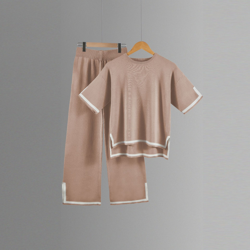 Color-block pletený kostýmový set s 3/4 rukávom a širokými nohavicami, tkanina polyester, 90–95% polyester, leto 2023