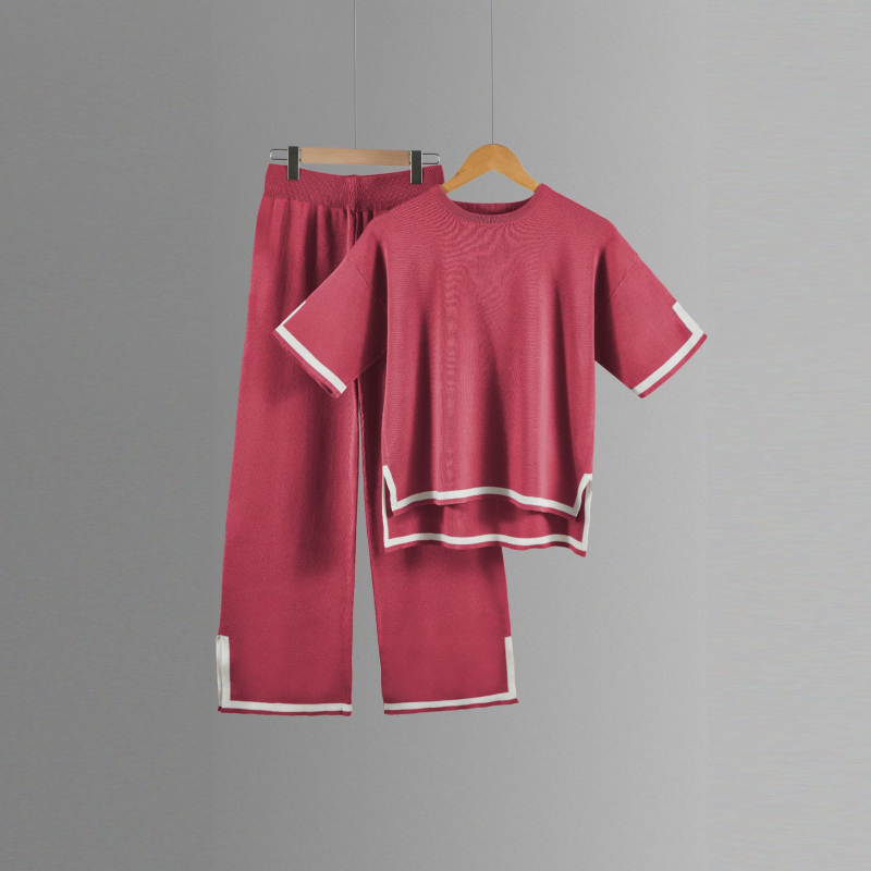 Color-block pletený kostýmový set s 3/4 rukávom a širokými nohavicami, tkanina polyester, 90–95% polyester, leto 2023