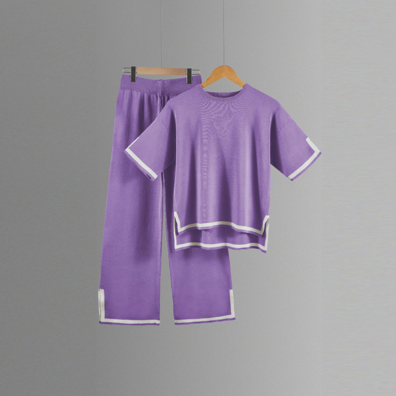 Color-block pletený kostýmový set s 3/4 rukávom a širokými nohavicami, tkanina polyester, 90–95% polyester, leto 2023