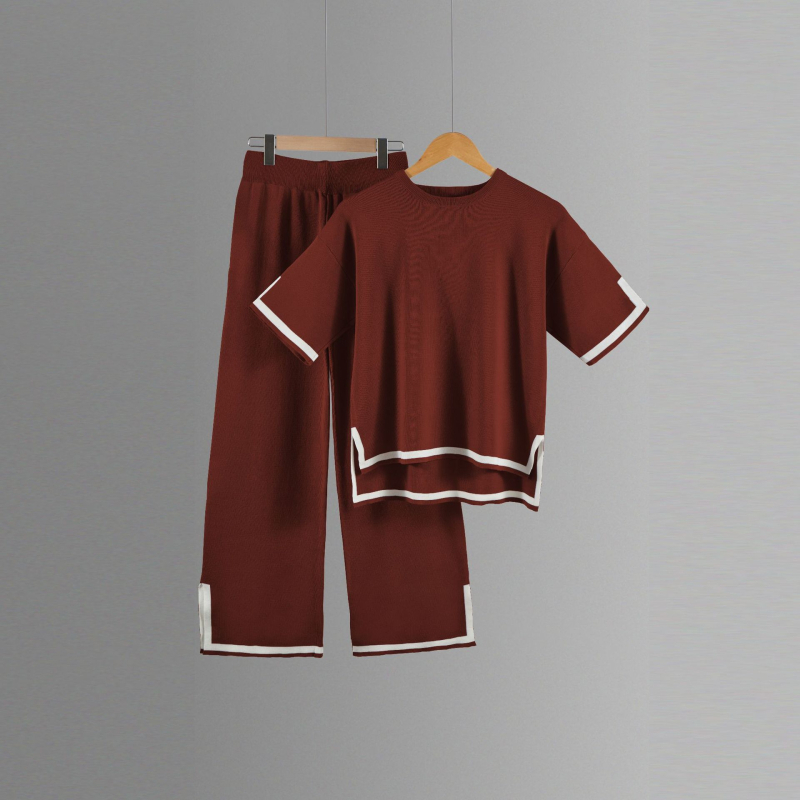 Color-block pletený kostýmový set s 3/4 rukávom a širokými nohavicami, tkanina polyester, 90–95% polyester, leto 2023