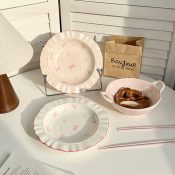 Κεραμικό πιάτο Bowknot με σχέδιο, βαθύ, στρογγυλό, απλό στυλ για πρωινό ενός ατόμου