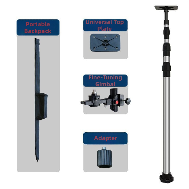 Лазерен нивелир трипод с регулируем повдигащ механизъм, инфрачервен държач, подсилен разтегателен прът и универсален таванен монтаж