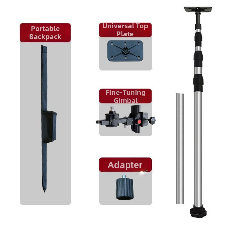 Лазерен нивелир трипод с регулируем повдигащ механизъм, инфрачервен държач, подсилен разтегателен прът и универсален таванен монтаж