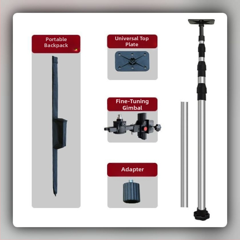 Лазерен нивелир трипод с регулируем повдигащ механизъм, инфрачервен държач, подсилен разтегателен прът и универсален таванен монтаж