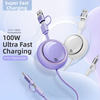 100W 3-в-1 USB кабел с автоматично разгъване за бързо зареждане: Lightning, USB-C и Micro USB